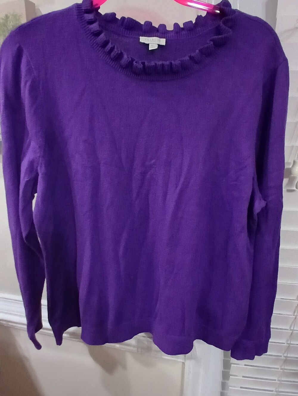 Talbots Purple Knit Solid Ruffle Crew Neck Pullover Sweater Petite